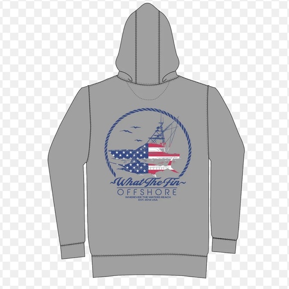 What The Fin Men's Off Shore Performance USA Fleece Gray Hoodie NWT - Picture 1 of 5